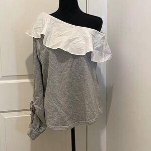 NWT WALTER BAKER Marge Top Heather Grey One Shoulder Ruffle Sweatshirt Size L